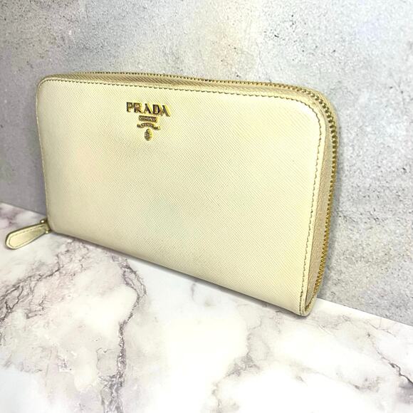 Prada Saffiano Cream Leather Zip Wallet Gold Hardware with Authenticity Card - Picture 5 of 12